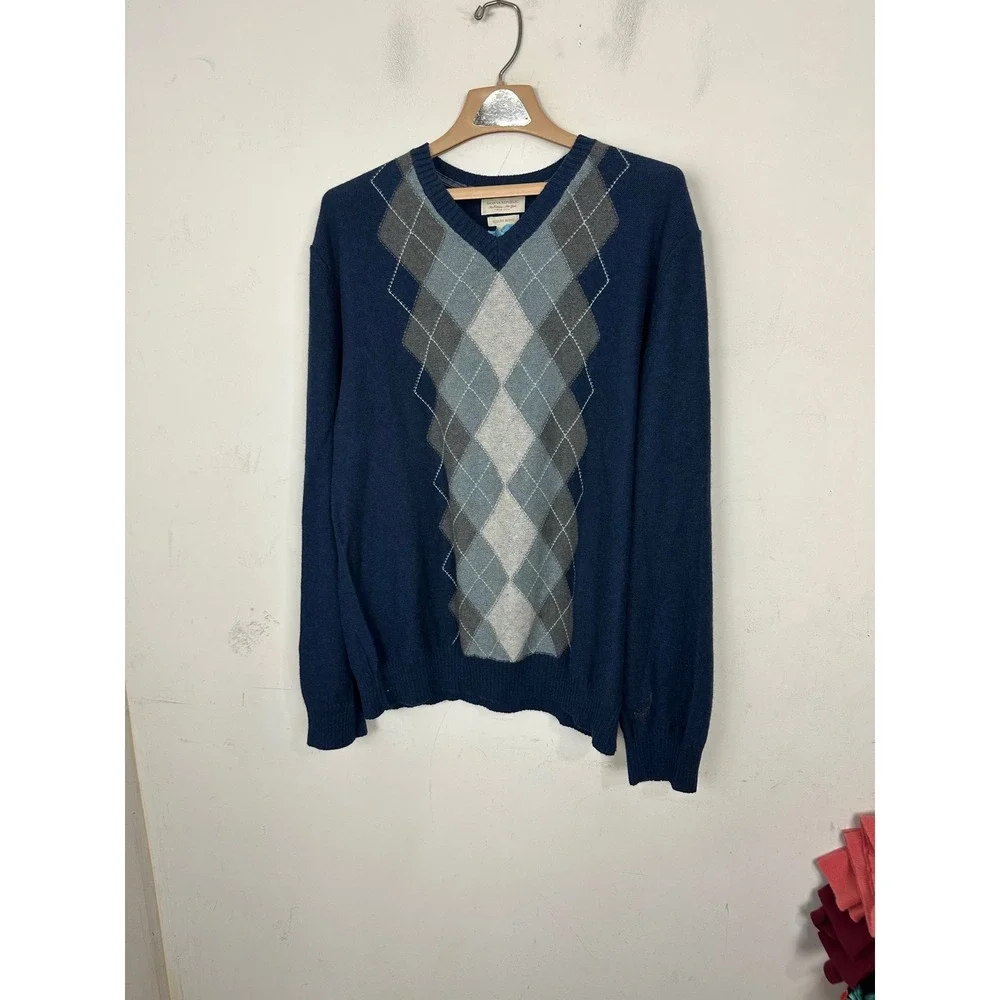 Banana Republic Mens XL Blue Argyle V-Neck Luxury Blend Cashmere Angora Sweater